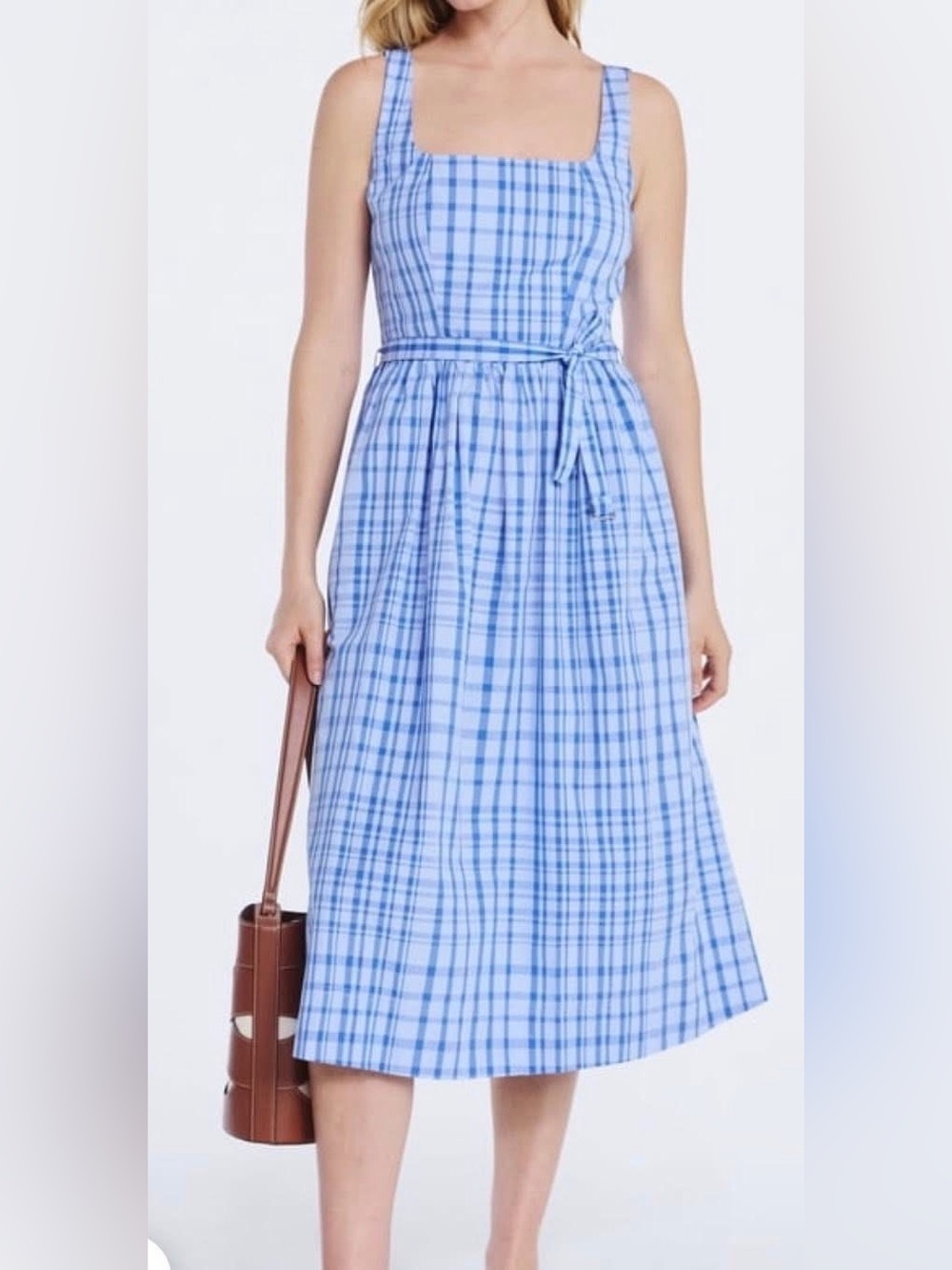 Blue Plaid Sleeveless Midi Dress with Tie Waist